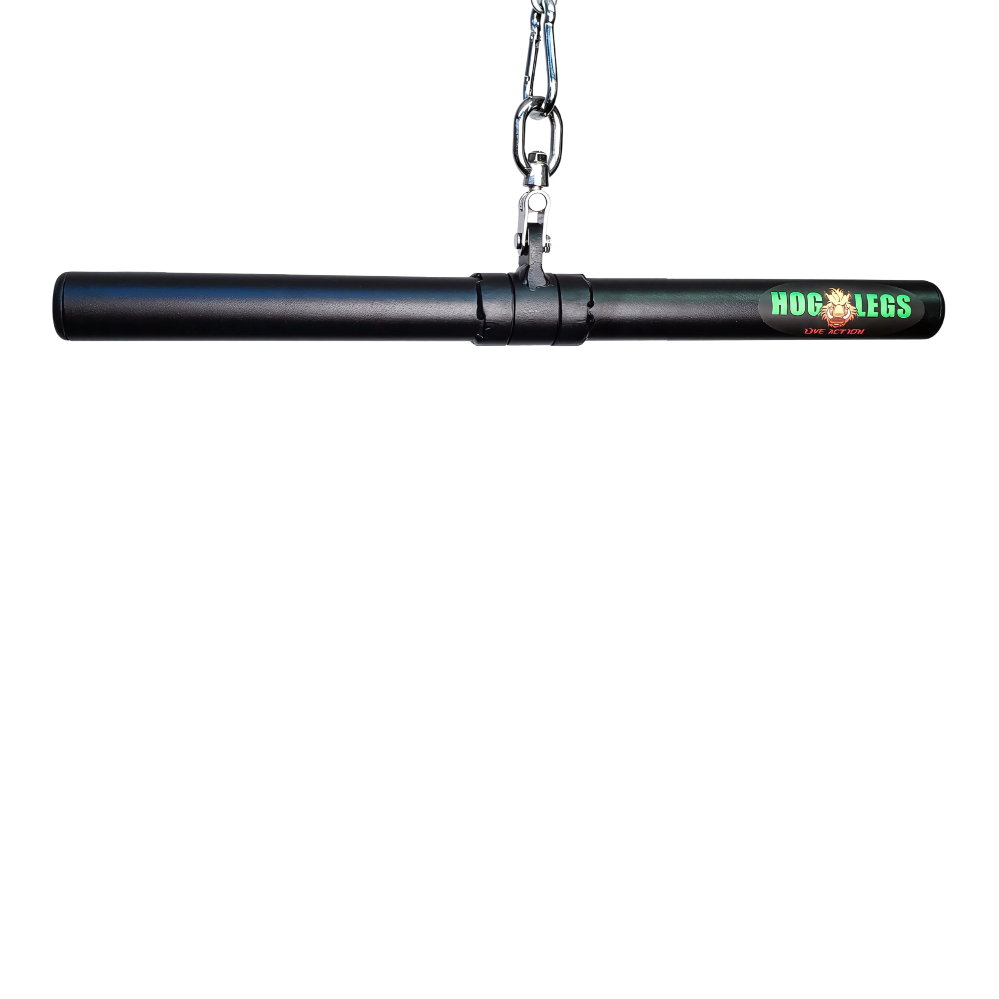 The HOG LEGS 'Revolution' Fat Grip straight Curling Bar Gym Cable Attachment is a black cylindrical bar with chain, labeled "Hog Legs," featuring a non-slip grip for improved muscle activation during workouts.