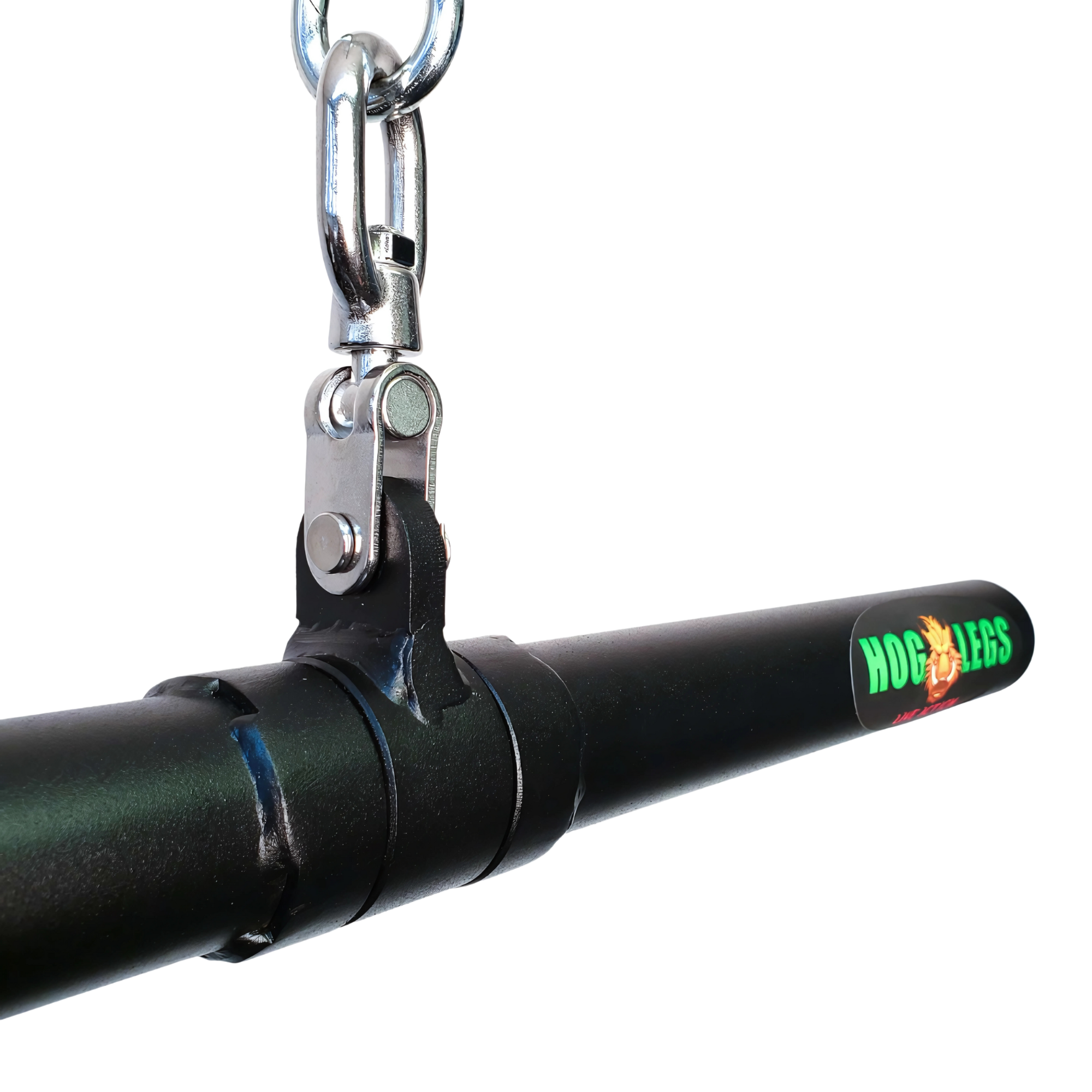Close-up of the HOG LEGS 'Revolution' Fat Grip straight Curling Bar Gym Cable Attachment in black metal, featuring a non-slip grip, chain, and hook for secure muscle activation during workouts.