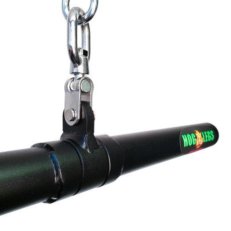 Close-up of the HOG LEGS 'Revolution' Fat Grip straight Curling Bar Gym Cable Attachment in black metal, featuring a non-slip grip, chain, and hook for secure muscle activation during workouts.