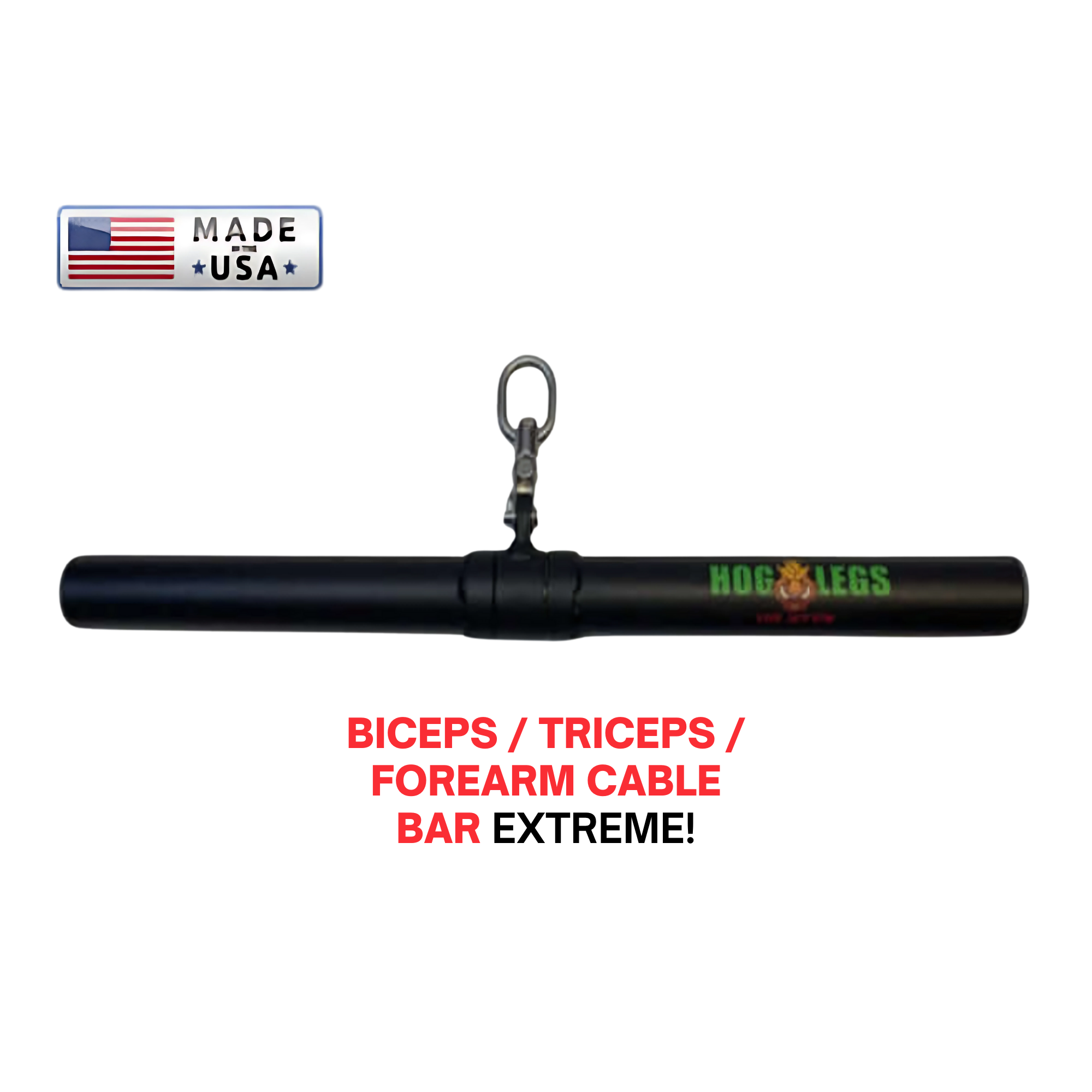 The HOG LEGS 'Revolution' Fat Grip Straight Curling Bar Gym Cable Attachment features a non-slip grip and rotating center hook for enhanced muscle activation. Suitable for biceps, triceps, and forearms. Made in USA.