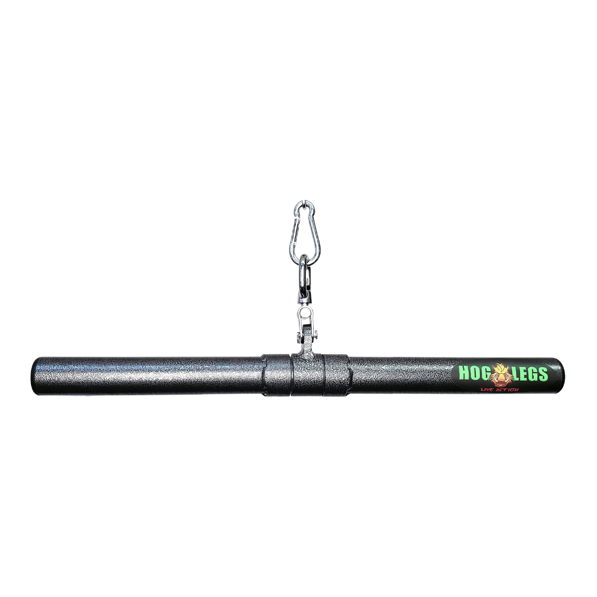 The HOG LEGS 'Revolution' Fat Grip Straight Curling Bar Gym Cable Attachment is a black metal bar with a rotating center hinge and hanging clip, labeled "Hog Legs" in green and yellow, designed for enhanced muscle activation.