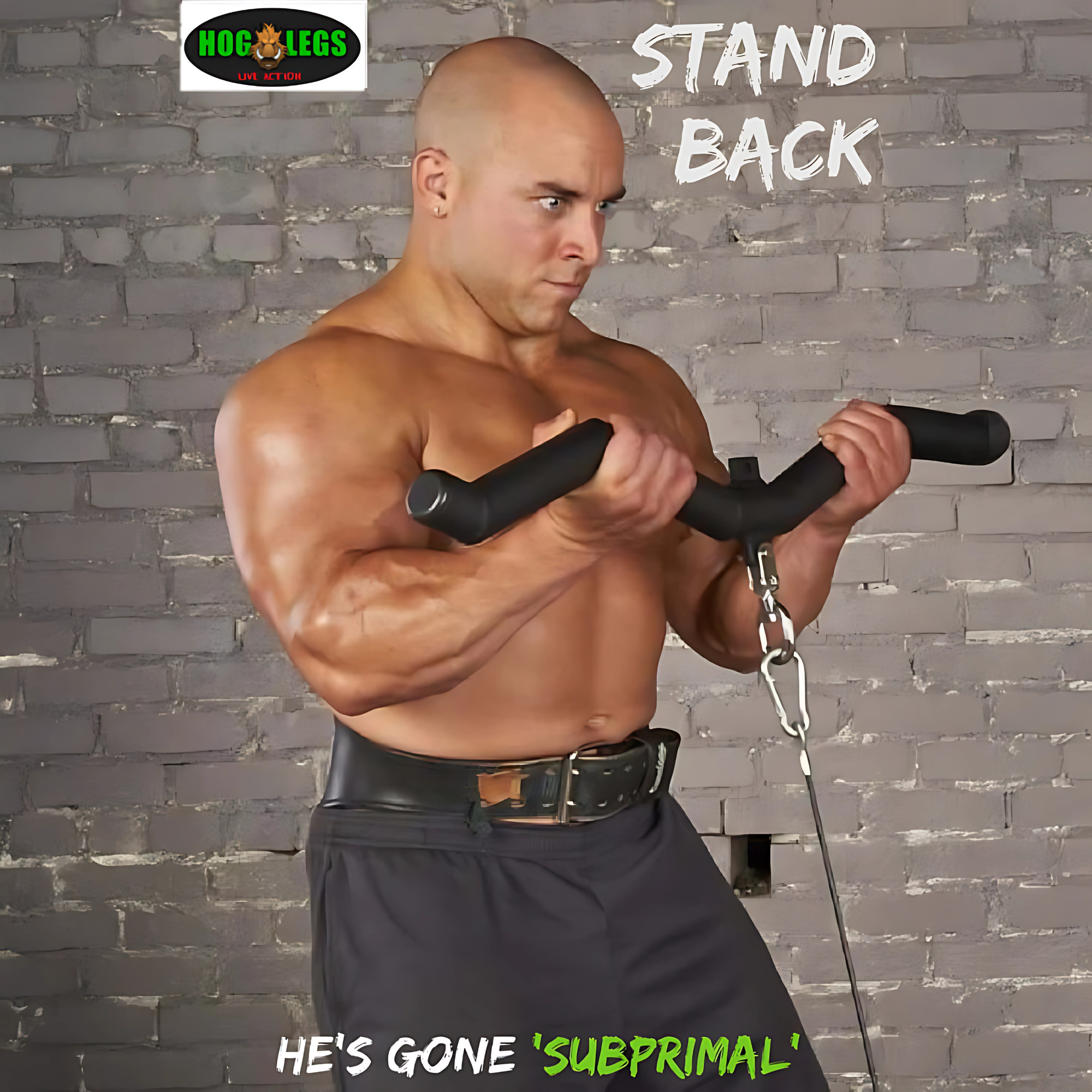 Muscular man curling bar with intense expression; text: "STAND BACK, HE'S GONE 'SUBPRIMAL'—custom angles for heavier lifts with HOG LEGS 'SubPrimal' EZ Curl Bar / Triceps Workout Bar.