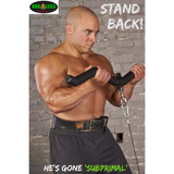 Muscular man lifting heavier weights shirtless, intense focus against a brick wall. Text: "Stand Back! He's Gone 'Subprimal' with the HOG LEGS 'SubPrimal' EZ Curl Bar.
