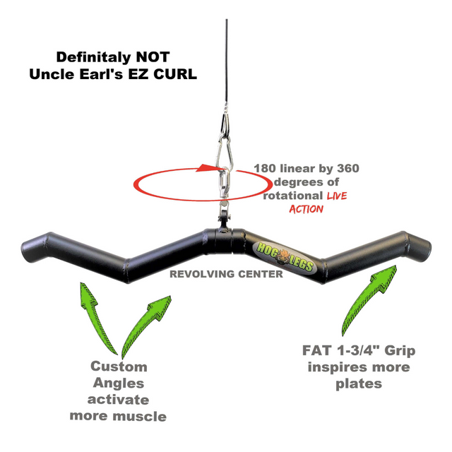 The HOG LEGS 'SubPrimal' EZ Curl Bar / Triceps Workout Bar offers custom angles and grip features for optimal muscle stimulation. Engineered for heavier weights, it blends design excellence with functionality, ensuring a premium workout experience.