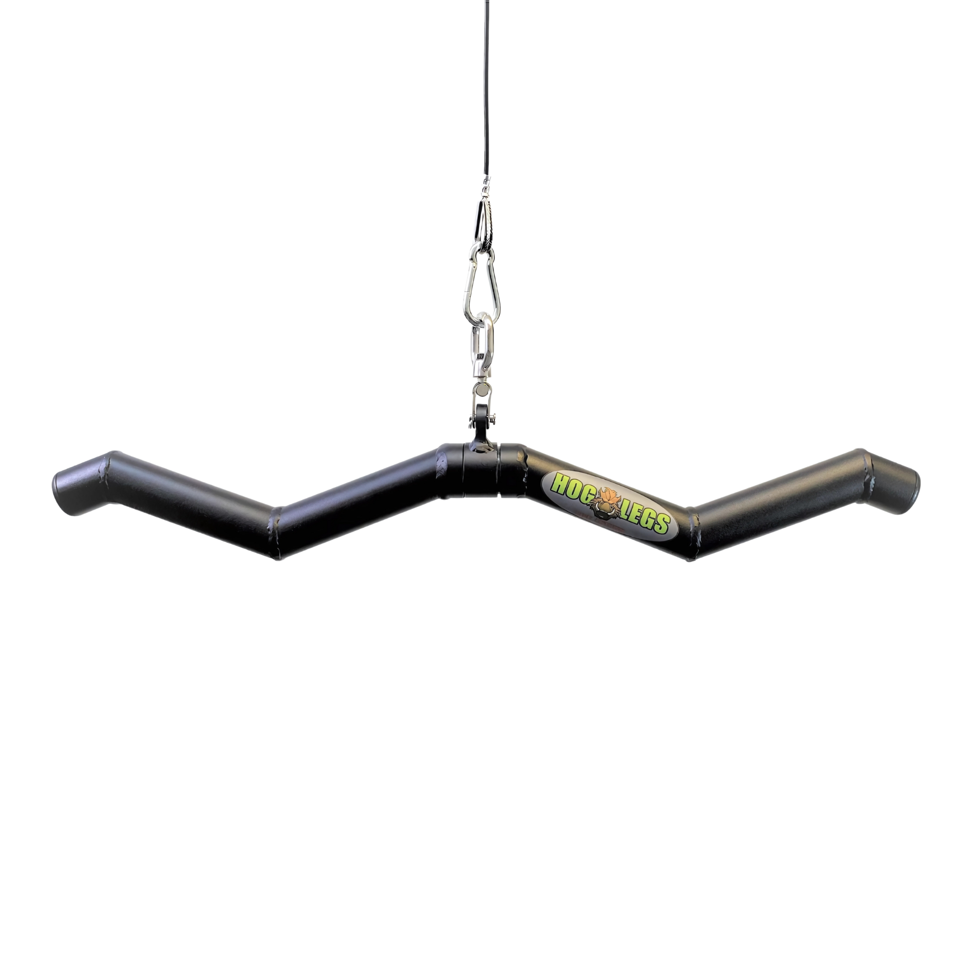 The HOG LEGS 'SubPrimal' EZ Curl Bar / Triceps Workout Bar is a black, V-shaped, commercial-grade cable attachment with logo—ideal for muscle stimulation and handling heavier weights.