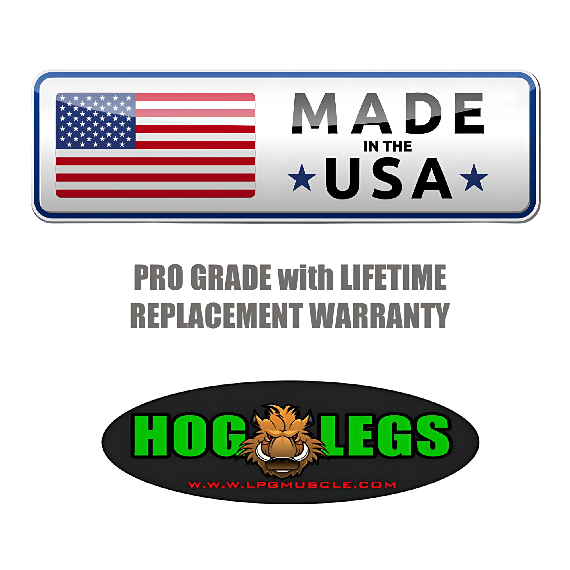 The HOG LEGS 'SubPrimal' EZ Curl Bar / Triceps Workout Bar is made in the USA, commercial-grade, comes with a lifetime replacement warranty, and features the Hog Legs LPG Muscle logo for muscle stimulation.