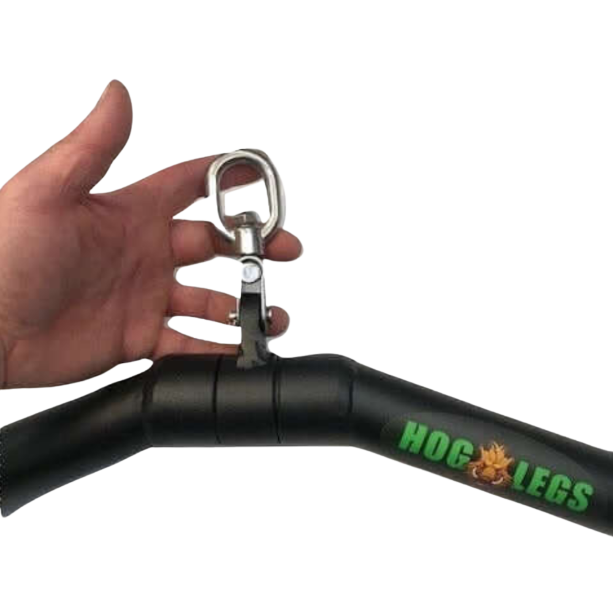 Hand holding a HOG LEGS 'SubPrimal' EZ Curl Bar / Triceps Workout Bar, a commercial grade black exercise bar with center metal clip—perfect for heavy weights and enhanced muscle stimulation.