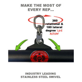 The HOG LEGS 'SubPrimal' EZ Curl Bar features a stainless steel swivel for heavier weights, allowing 360° rotational and 180° lateral movement, indicated by green arrows. Enjoy a lifetime warranty for peace of mind.