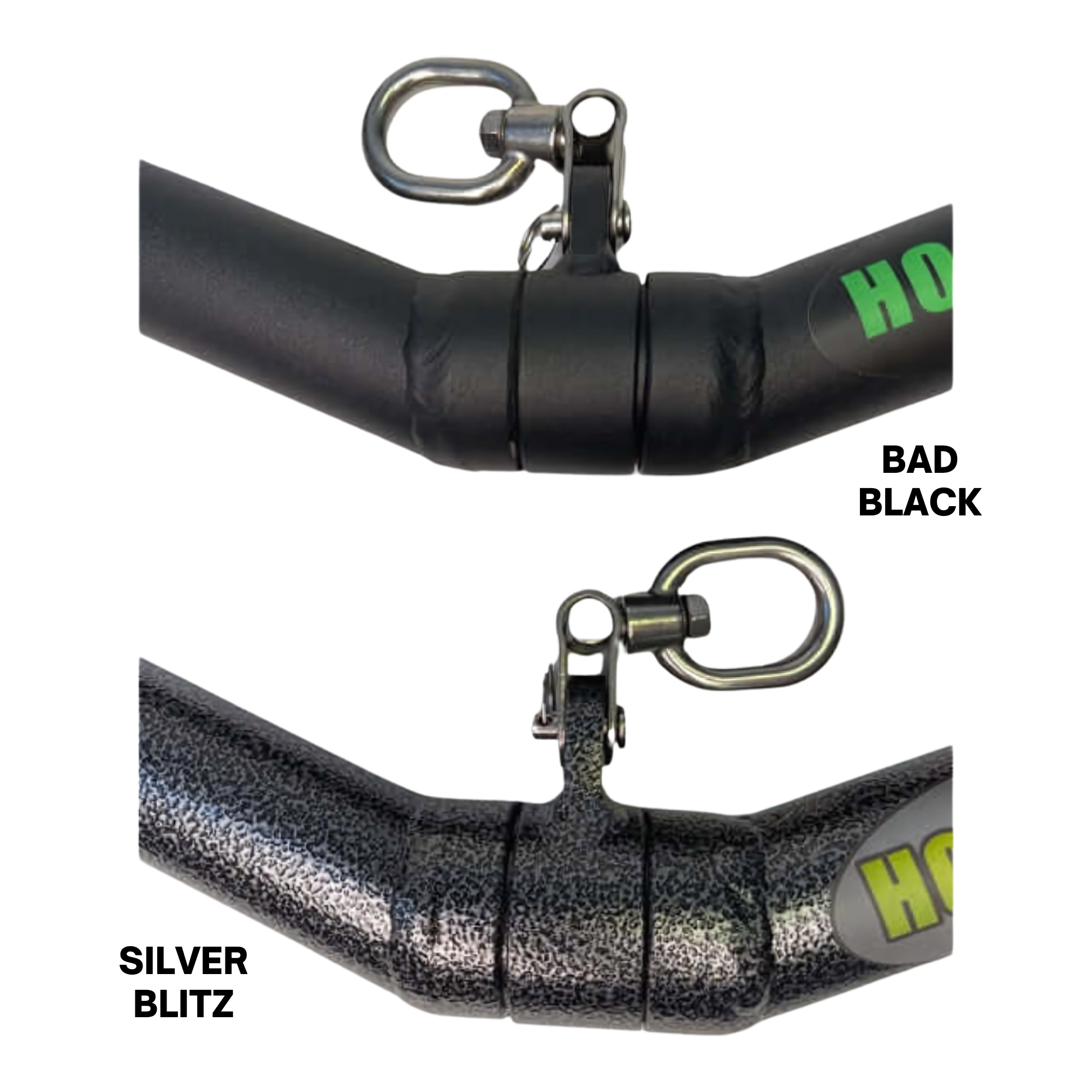 The HOG LEGS 'SubPrimal' EZ Curl Bar / Triceps Workout Bar comes in matte black and textured gray, each with attached swivel hooks and commercial-grade metal construction for easy handling of heavier weights.