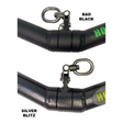 Close-up of two paddles with metal connectors labeled "Bad Black" and "Silver Blitz," designed for workout stimulation, akin to the HOG LEGS 'SubPrimal' EZ Curl Bar / Triceps Workout Bar.