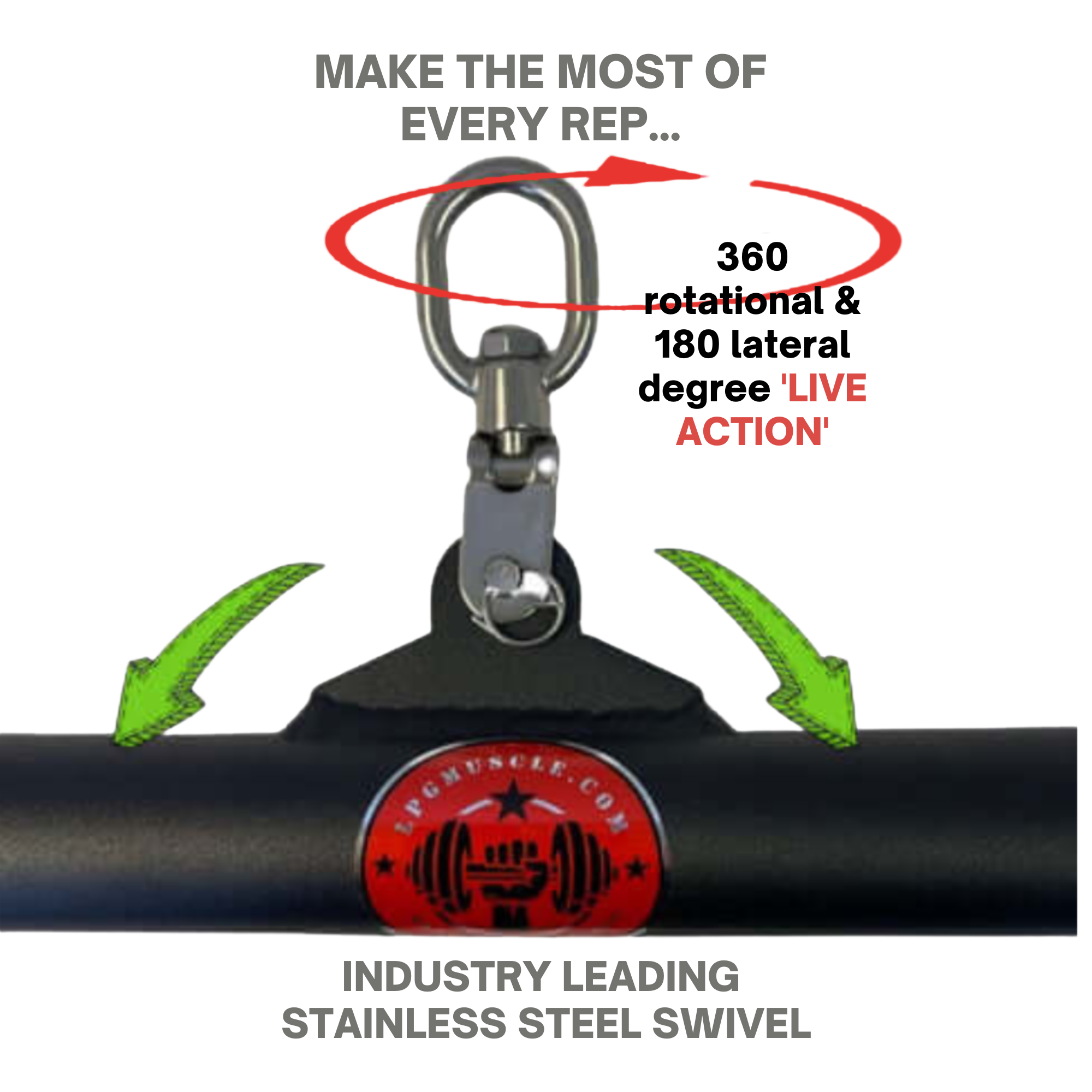 The HOG LEGS 'SubPrimal' EZ Curl Bar / Triceps Workout Bar is a black commercial-grade gym attachment with a stainless steel swivel, green arrows, and motivational fitness text—built for heavier weights and optimal muscle activation.