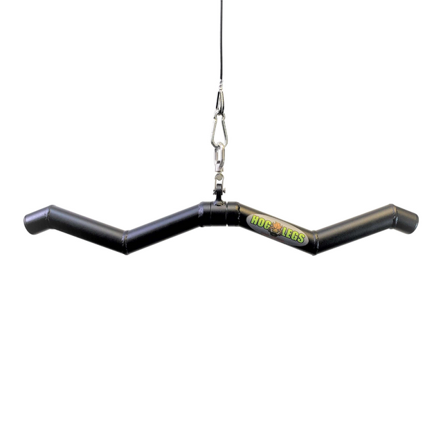 The curved, black HOG LEGS 'SubPrimal' EZ Curl Bar, designed for muscle stimulation and featuring the "Dog Legs" logo, hangs from a cable.