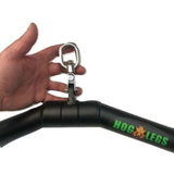 A hand grips the HOG LEGS 'SubPrimal' EZ Curl Bar / Triceps Workout Bar, showcasing its robust design and metal attachment clip. Designed for muscle stimulation, this versatile bar supports heavier weights for a comprehensive workout.