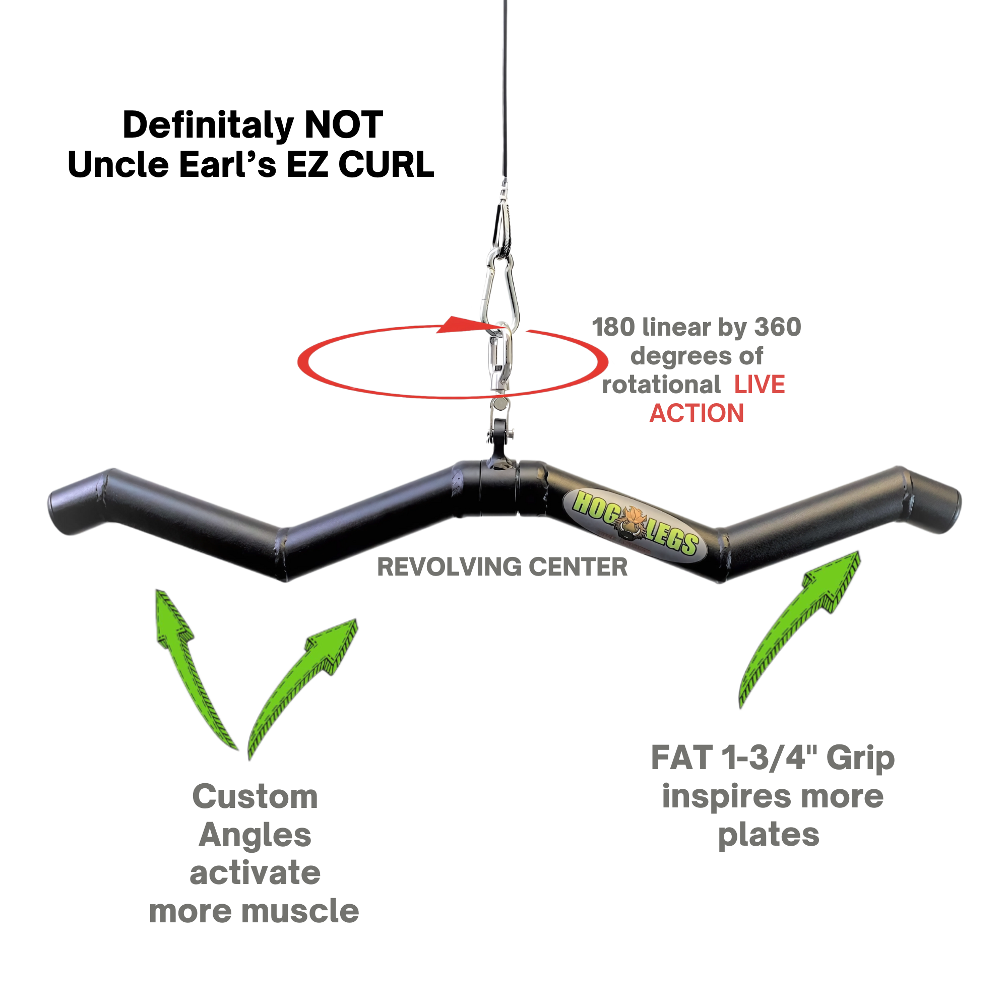 The HOG LEGS 'SubPrimal' EZ Curl Bar / Triceps Workout Bar features custom angles and thick grips to maximize muscle activation and stimulation. Built commercial grade, it's perfect for heavier weights and intense training sessions.