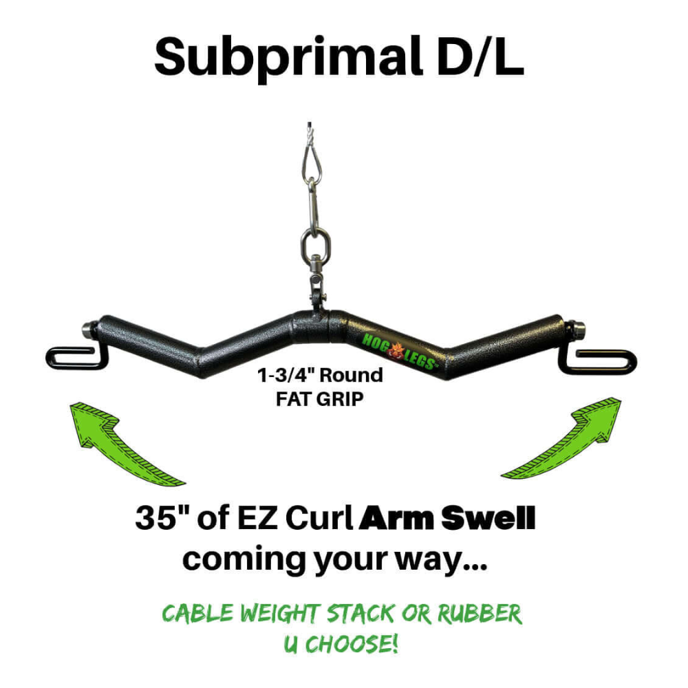 The HOG LEGS Subprimal D/L EZ curl bar, adorned with green text and labeled "35," is ideal for an EZ Curl Arm Swell. Its dual loading technology effectively targets your biceps, triceps, and forearms.