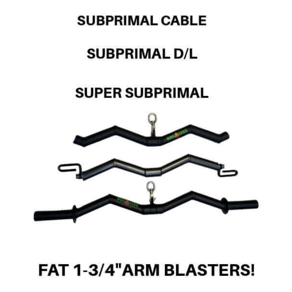 Explore our versatile exercise bars: Subprimal Cable, HOG LEGS Subprimal D/L Bands or EZ Bar Cable Attachment, and Super Subprimal—perfect for targeting biceps, triceps, and forearms in your workouts.