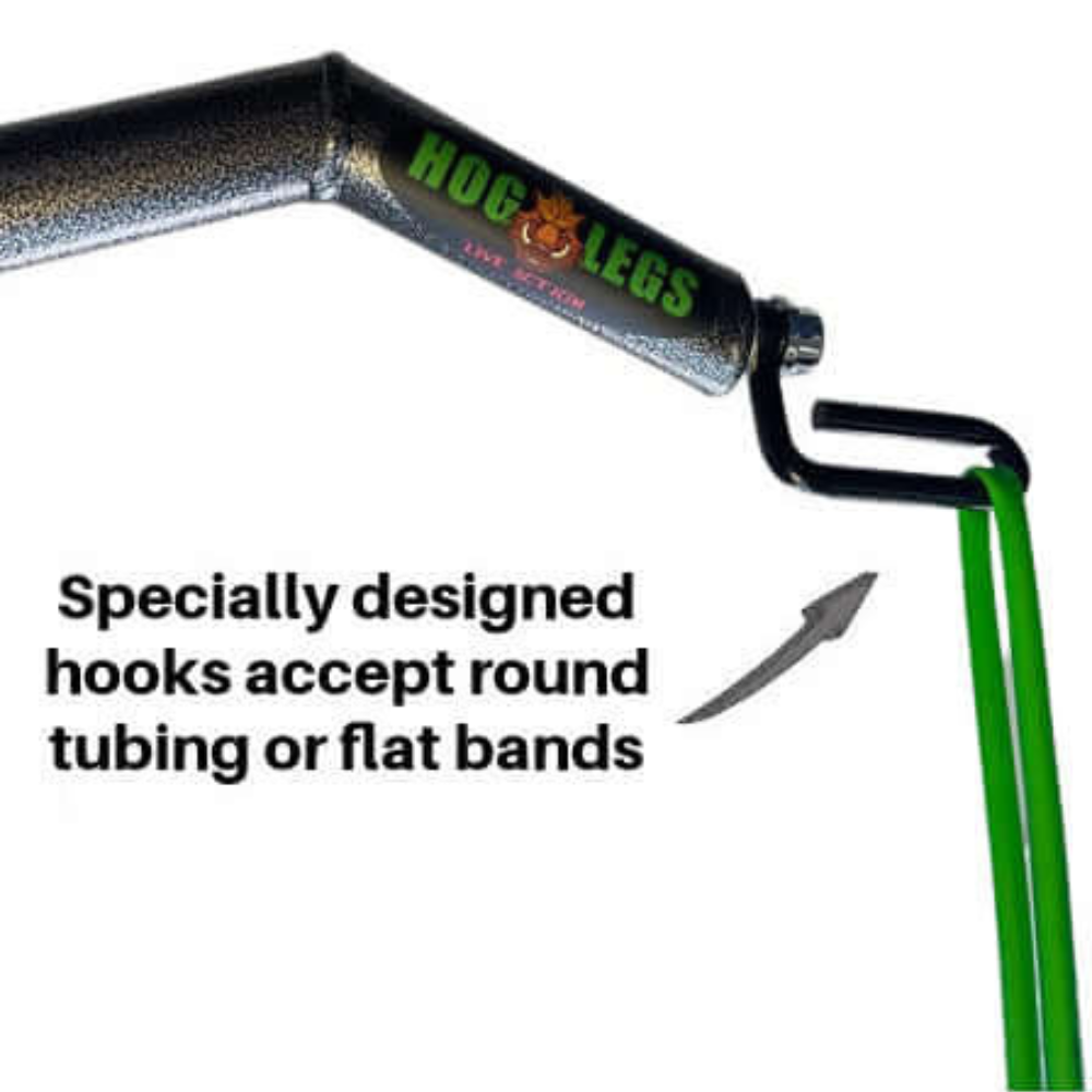 A close-up of the HOG LEGS Subprimal D/L Bands with green tubing highlights its unique hooks for Dual Loading, ideal for bicep and tricep targeting. Experience unparalleled forearm workouts with this exceptional EZ Bar cable attachment.