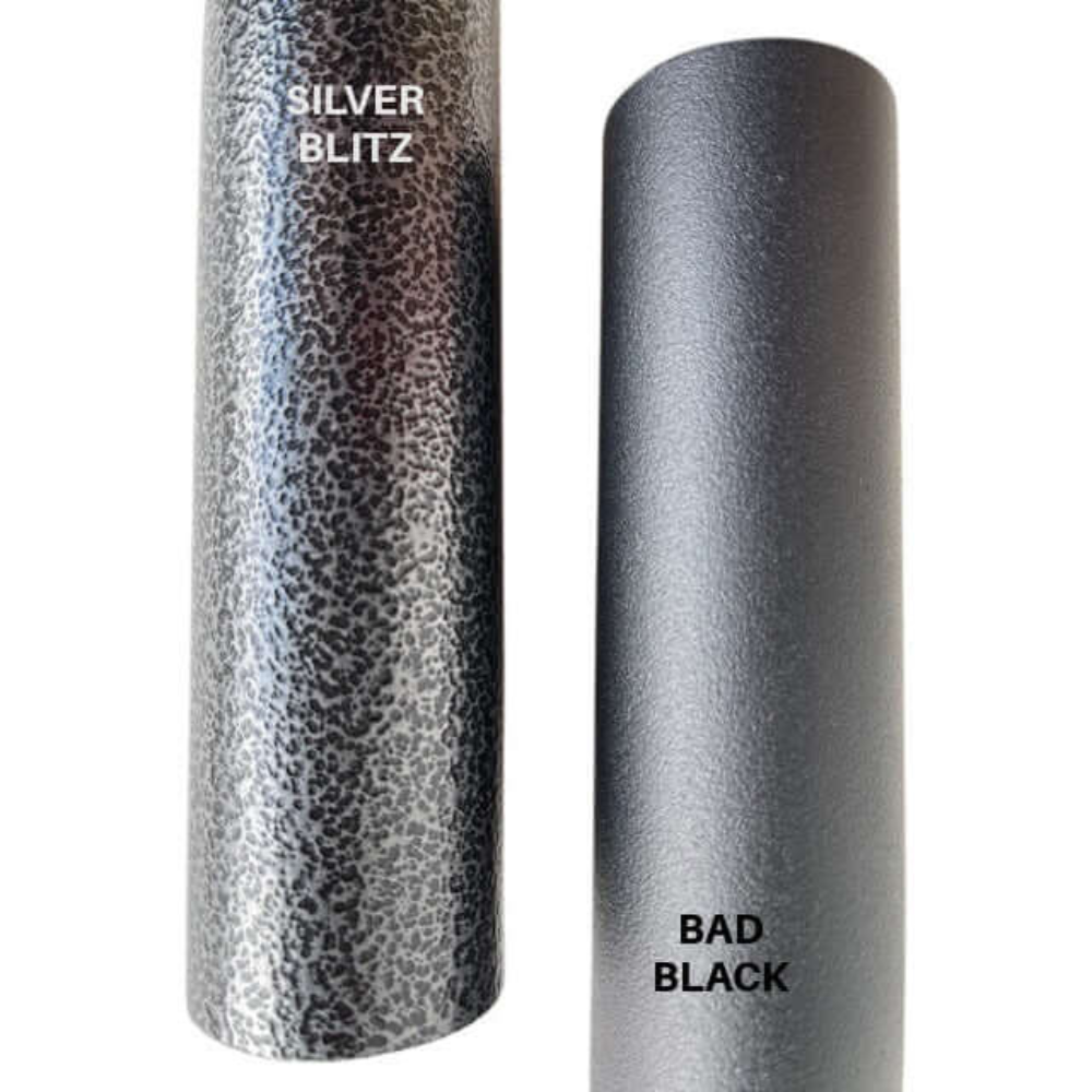 Two textured cylindrical tubes labeled "Silver Blitz" and "Bad Black" stand side by side like perfectly sculpted biceps triceps forearm bars, showcasing muscular elegance and dual loading power. They epitomize the robust design of HOG LEGS Subprimal D/L Bands or EZ Bar Cable Attachment.
