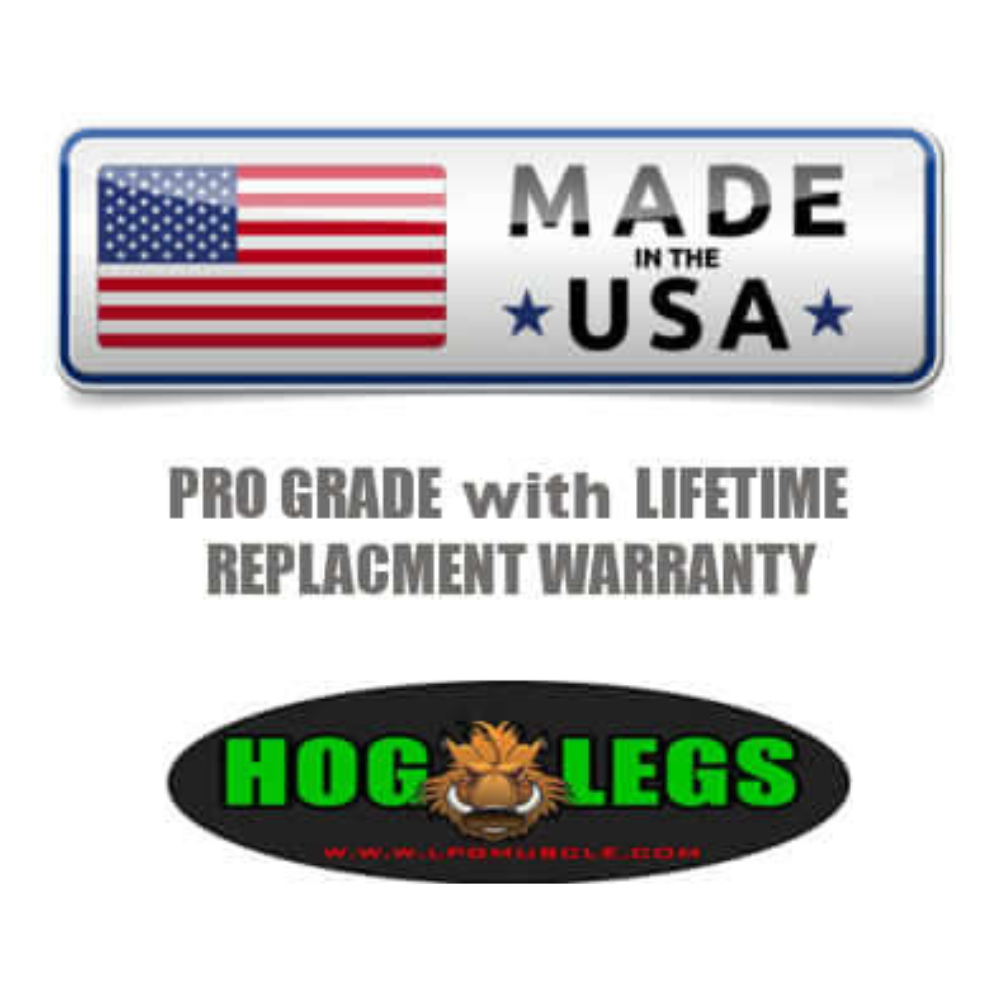 The product features the "HOG LEGS" logo, an American flag label, "MADE IN THE USA," and "PRO GRADE with LIFETIME REPLACEMENT WARRANTY." It supports dual loading for biceps, triceps, and forearm exercises using the HOG LEGS Subprimal D/L system.