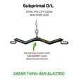 The black dual pulley cable machine bar, stamped with "HOG LEGS Subprimal D/L" on white, is perfect for building biceps, triceps, and forearms with its Dual Loading design.