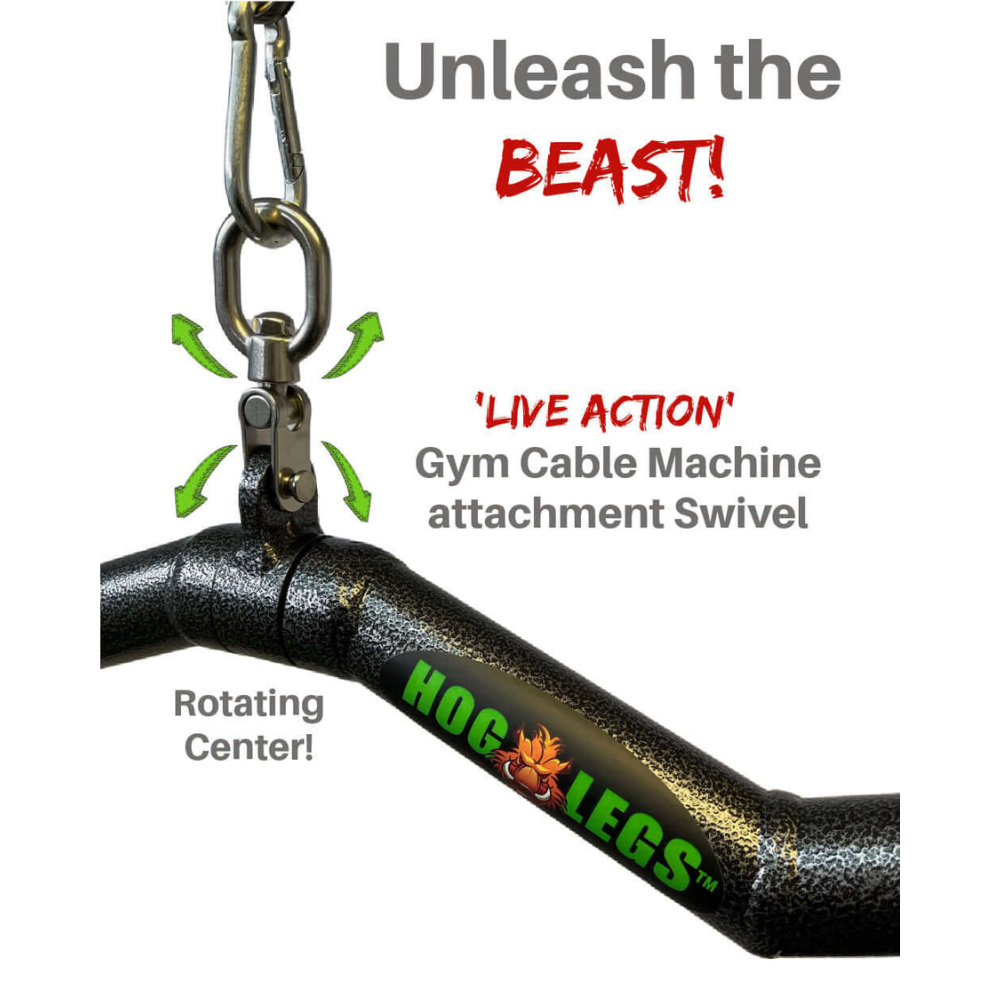 Meet the HOG LEGS Subprimal D/L Bands or EZ Bar Cable Attachment! Featuring a swivel and rotating center, it's perfect for dual loading. Designed to target biceps, triceps, and forearms, this is your key to an unparalleled workout experience. Unleash the beast within!.