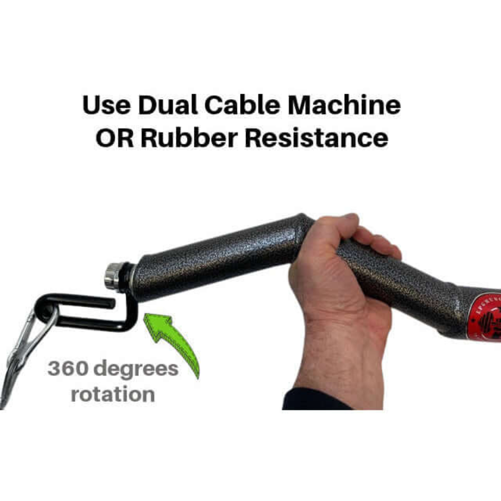 The HOG LEGS Subprimal D/L Bands or EZ Bar Cable Attachment features a 360-degree rotation handle, perfect for biceps and triceps workouts. Its Dual Loading capability ensures optimal muscle engagement with cable machines or rubber resistance.