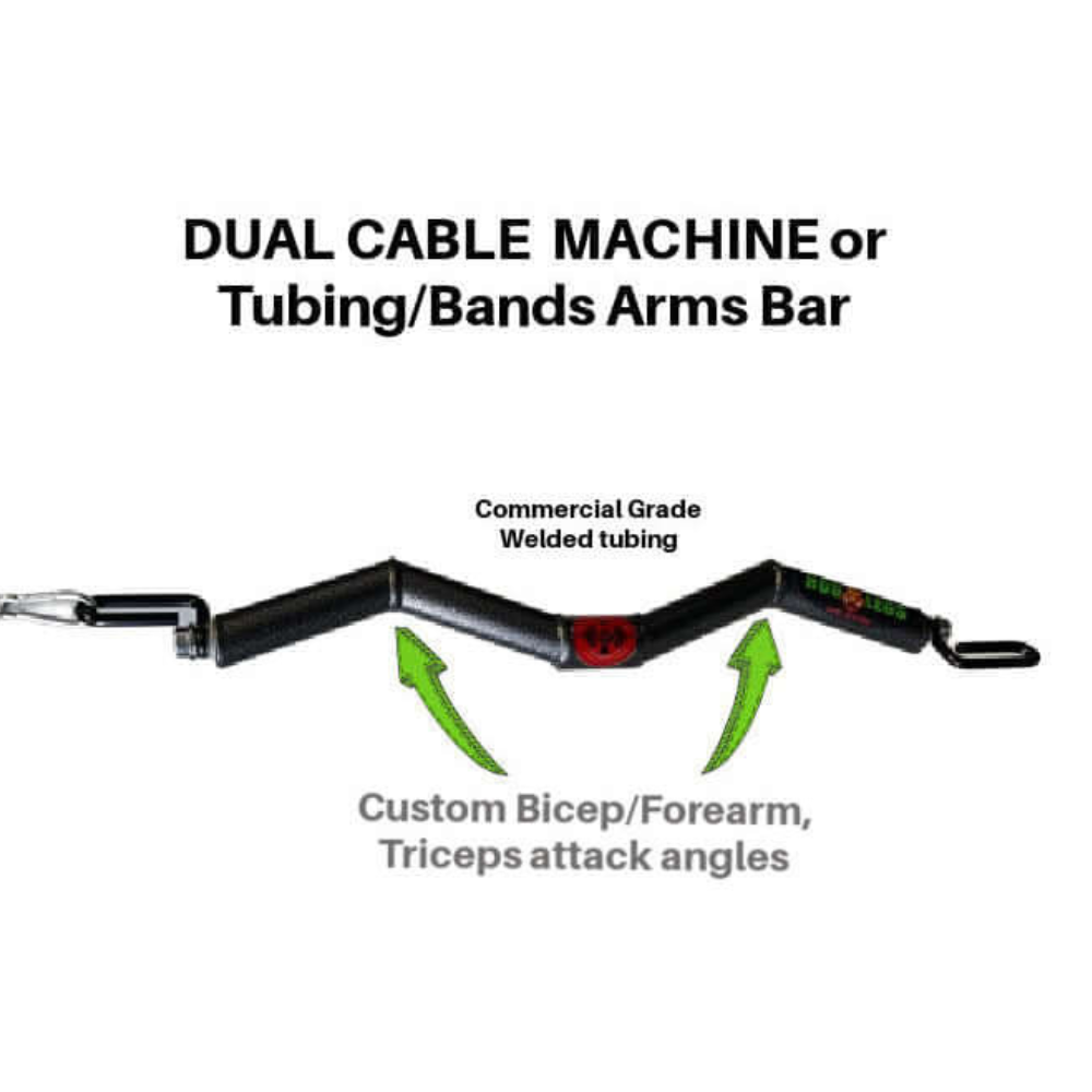 The HOG LEGS Subprimal D/L Bands or EZ Bar Cable Attachment is a durable Z-shaped arm bar for dual cable machines, with labeled bicep and tricep angles and welded tubing, ideal for versatile forearm exercises.