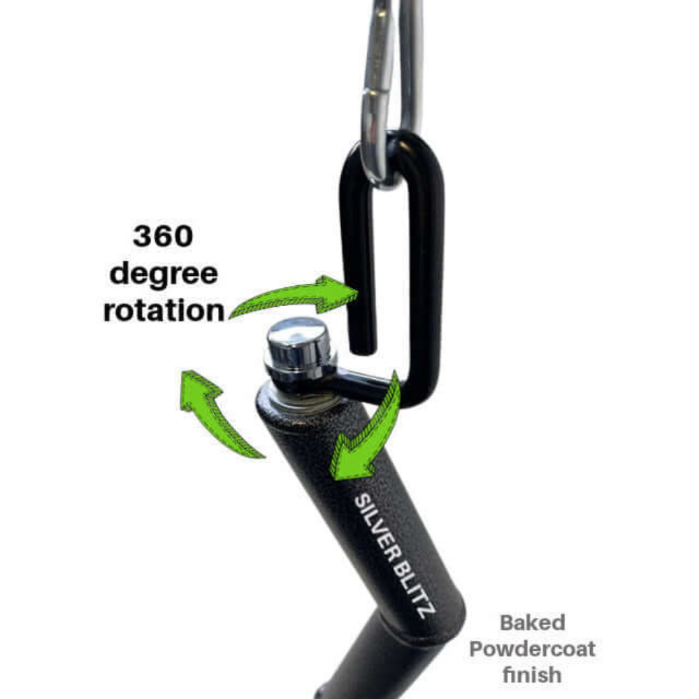Close-up of a black swivel hook labeled "HOG LEGS Subprimal D/L Bands or EZ Bar Cable Attachment," showcasing Dual Loading capabilities with arrows indicating 360-degree rotation.