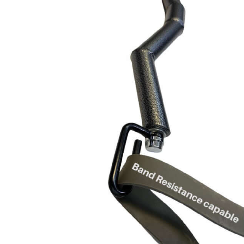 The HOG LEGS Subprimal D/L Bands or EZ Bar Cable Attachment features a black metal handle with a gray "Band Resistance capable" band, ideal for boosting your biceps and triceps workouts.