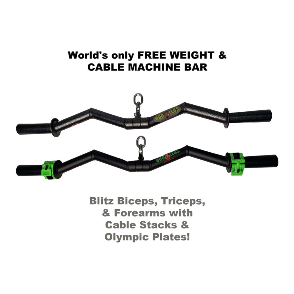 Two black HOG LEGS Super Subprimal Cable & Olympic Easy Curl Bars with green accents showcase workout versatility.