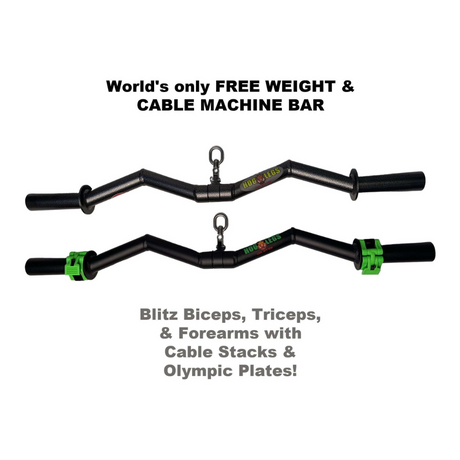 Two black HOG LEGS Super Subprimal Cable & Olympic Easy Curl Bars with green accents showcase workout versatility.
