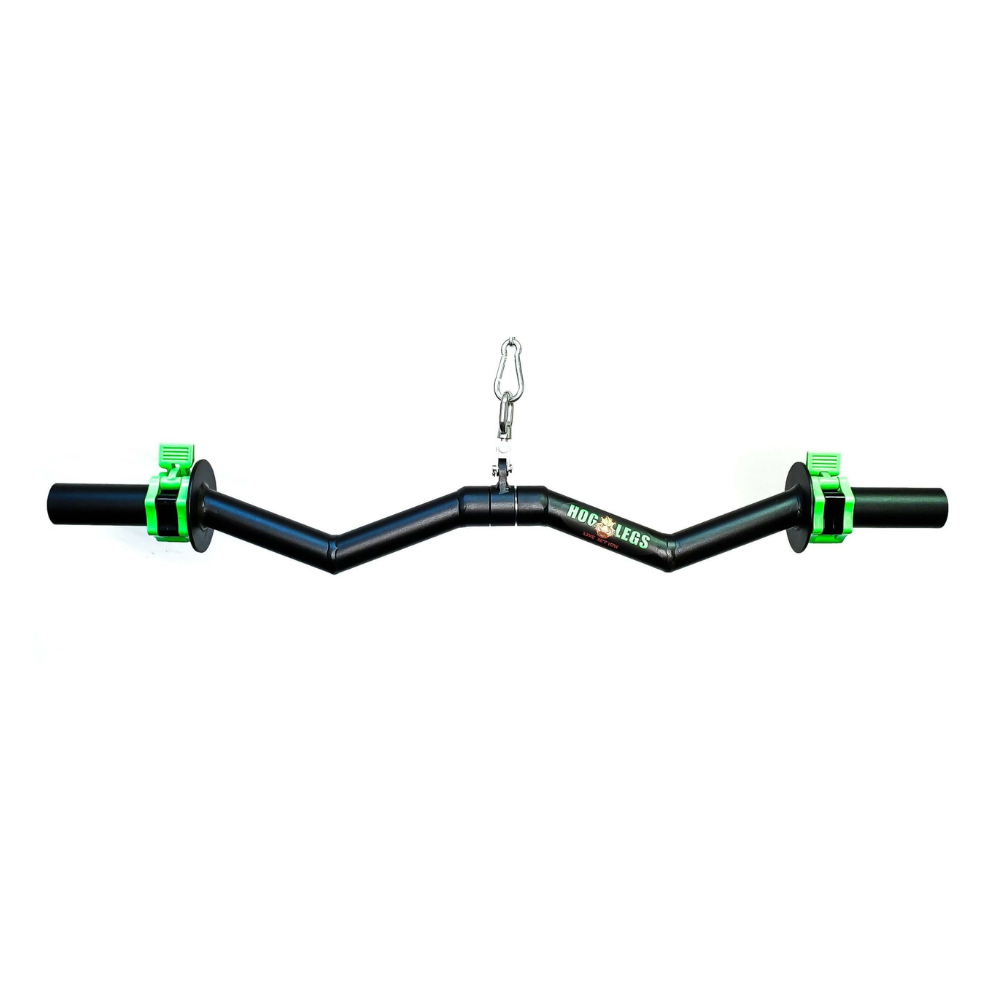 The HOG LEGS Super Subprimal Cable & Olympic Easy Curl Bar is a stylish black zigzag workout bar, perfect as an Easy CURL BARBELL. It includes two green clamps and a carabiner, all on a white background.