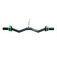 The HOG LEGS Super Subprimal Cable & Olympic Easy Curl Bar is a stylish black zigzag workout bar, perfect as an Easy CURL BARBELL. It includes two green clamps and a carabiner, all on a white background.