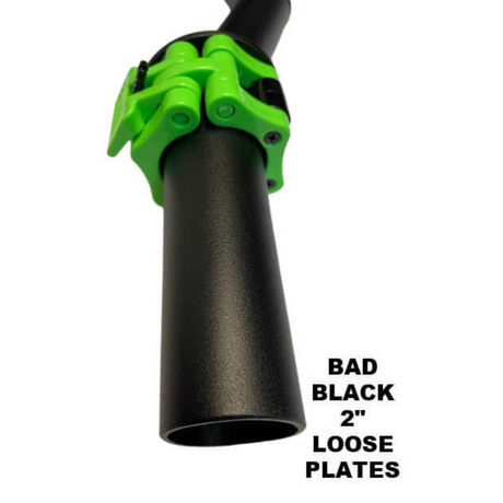 A black pipe with a green clamp labeled "BAD BLACK 2'' LOOSE PLATES" rests boldly on a white background, evoking the robust design of the HOG LEGS Super Subprimal Cable & Olympic Easy Curl Bar.