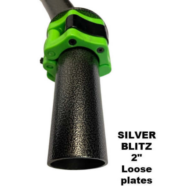 Close-up of a HOG LEGS Super Subprimal Cable & Olympic Easy Curl Bar with a green collar, similar to a Silver Blitz pool cue, featuring the text "Silver Blitz 2'' Loose plates" on the side.