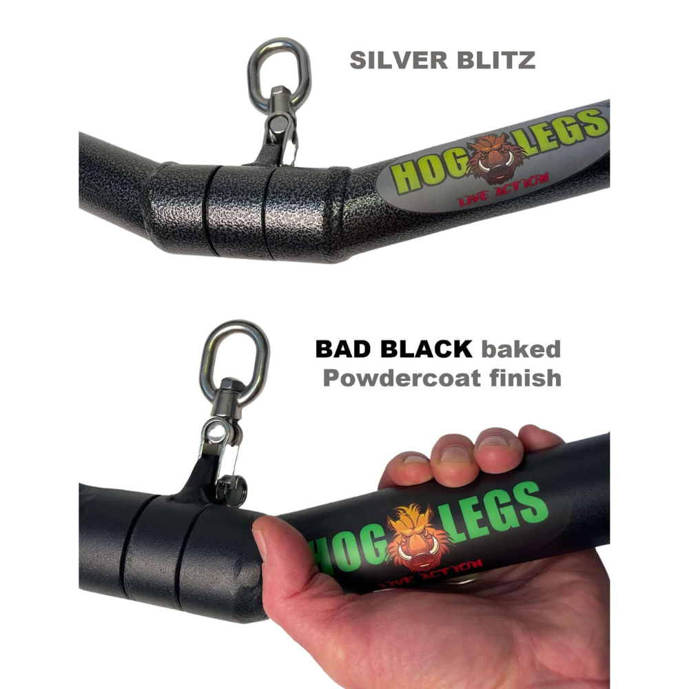 Two HOG LEGS Super Subprimal Cable & Olympic Easy Curl Bars in sleek silver and black finishes feature hooks and grips reminiscent of free weights, ensuring a strong hold.