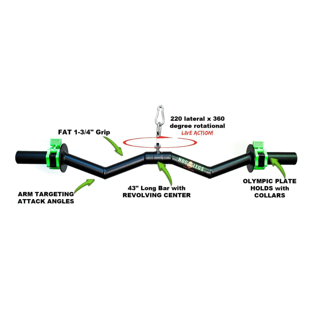 The HOG LEGS Super Subprimal Cable & Olympic Easy Curl Bar features green collars, a 1-3/4" grip, and a 220° rotation. At 43", this barbell is ideal for arm targeting and enhancing your workout.