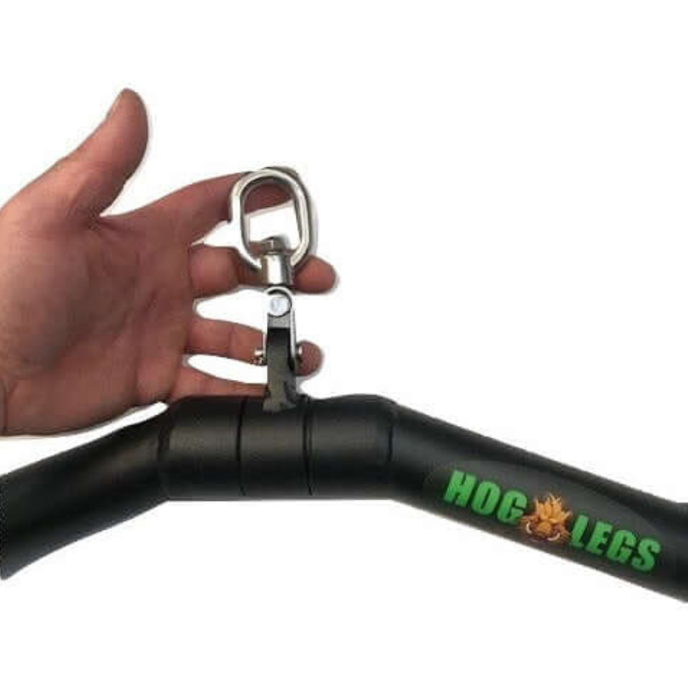 A hand grips a black HOG LEGS Super Subprimal Cable & Olympic Easy Curl Bar with a metal clip, ideal for your cable machine setup.