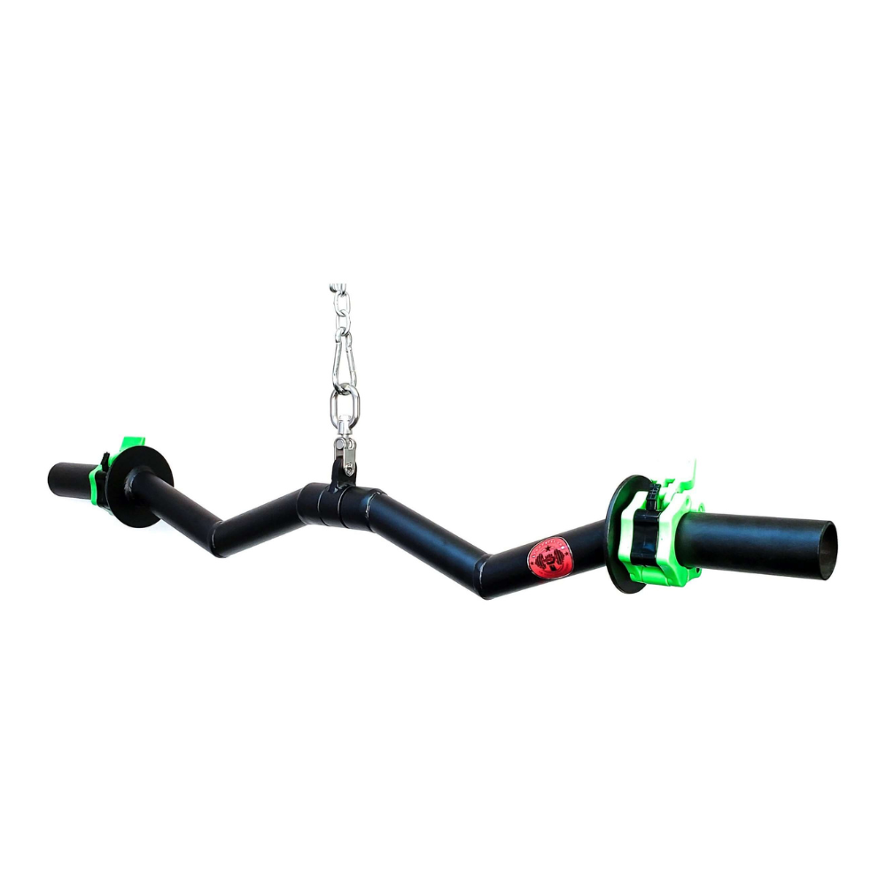 The HOG LEGS Super Subprimal Cable & Olympic Easy Curl Bar is a black multi-grip pull-up bar with green clamps, a chain for hanging, and the versatility of an Olympic free weight.