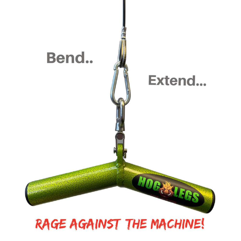 A green T-shaped device labeled "HOG LEGS Wicked 'Piglet' Tricep Bar Workout gone FAT!" features the text: "Bend... Extend... RAGE AGAINST THE MACHINE!" It's designed for triceps targeting and muscle stimulation, ideal for those seeking more from their workout.