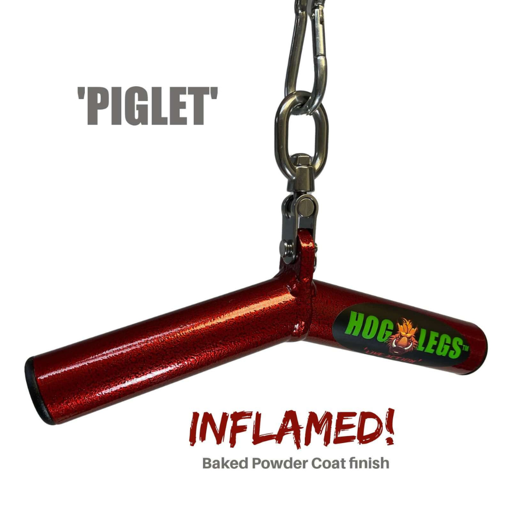 Red "Piglet" handle with chain labeled "Hog Legs." Text states: "Inflamed! Baked Powder Coat finish. Perfect for targeting triceps and muscle stimulation. Product Name: HOG LEGS Wicked 'Piglet' Tricep Bar Workout gone FAT!.
