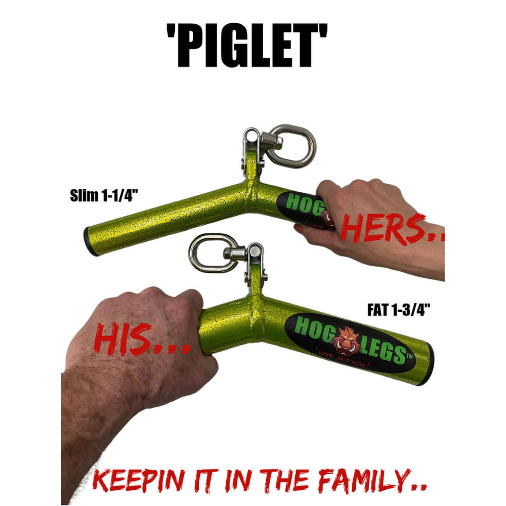 Two hands hold textured metal bars labeled "HERS" and "HIS," with loop handles, branded as Hog Legs and designed for commercial-grade muscle stimulation; the product is named HOG LEGS Wicked 'Piglet' Tricep Bar Workout gone FAT!.