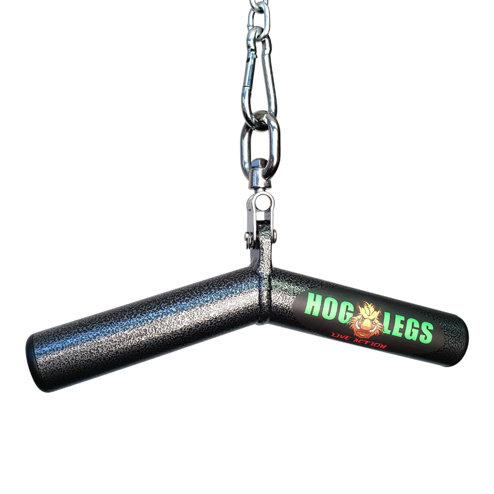 A black textured metal HOG LEGS Wicked 'Piglet' Tricep Bar, intended for triceps targeting, hangs from a chain.