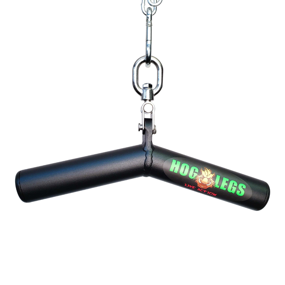 Introducing the HOG LEGS Wicked 'Piglet' Tricep Bar, a black V-shaped handle with chain attachment designed for triceps targeting and excellent muscle stimulation. This commercial-grade tool ensures durability and performance in every workout session.
