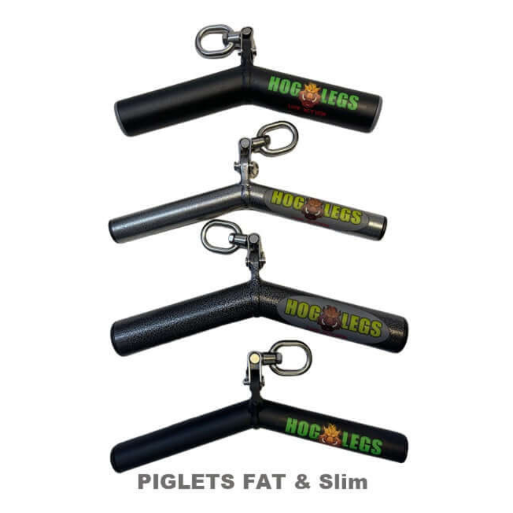 The branded "HOG LEGS Wicked 'Piglet' Tricep Bar Workout gone FAT!" includes four black metal commercial-grade handles, designed for enhanced triceps targeting and muscle stimulation with "Piglets Fat & Slim" text below.