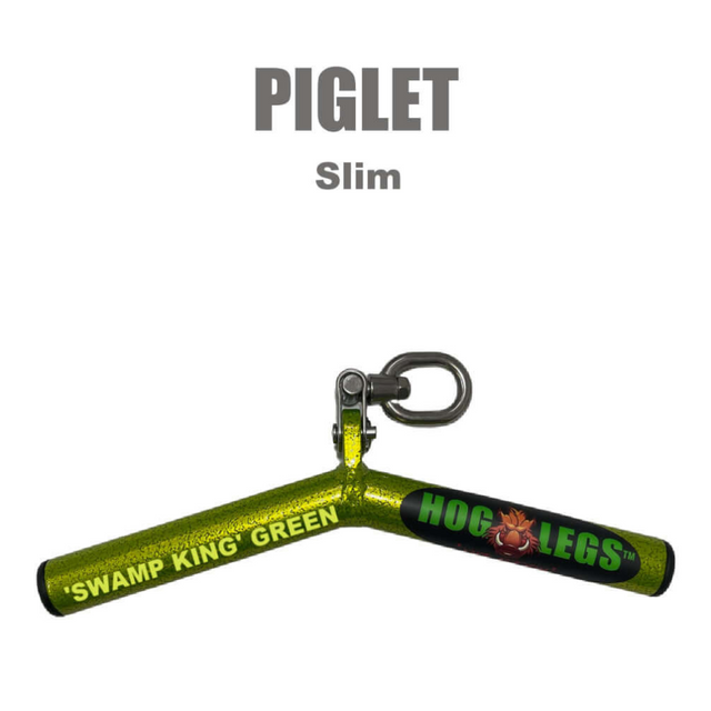 The "HOG LEGS Wicked 'Piglet'" fishing rod handle, in "Swamp King Green," boasts a commercial-grade swivel for optimal catches.