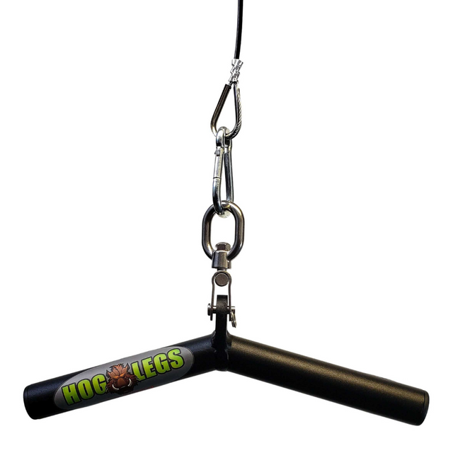 The black T-handle gym attachment, named HOG LEGS Wicked 'Piglet,' features a metal carabiner and clip, designed for triceps targeting and commercial-grade muscle stimulation.