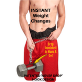 A person in red shorts wears the LOADING PIN for Weights plus Dip Belt with chain HOOK, featuring a waist belt and dumbbell design for added resistance.