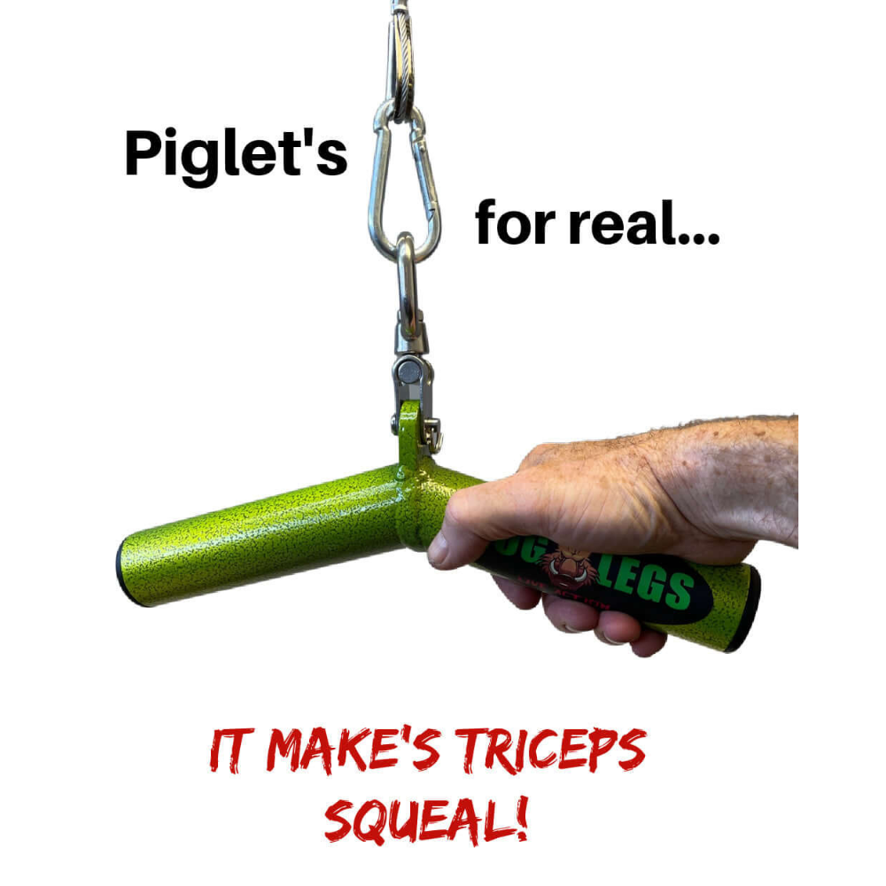 A hand grips the green HOG LEGS Wicked 'Piglet' Tricep Bar handle with hooks, focusing on triceps for an effective workout.