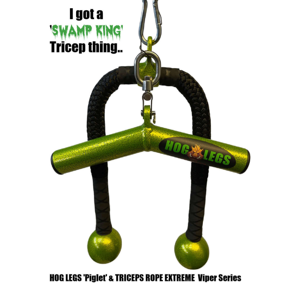 The "HOG LEGS Wicked 'Piglet' Tricep Bar Workout gone FAT!" is a green tricep attachment, designed for optimal muscle stimulation and precise triceps targeting, featuring the "Swamp King Tricep thing" text above.